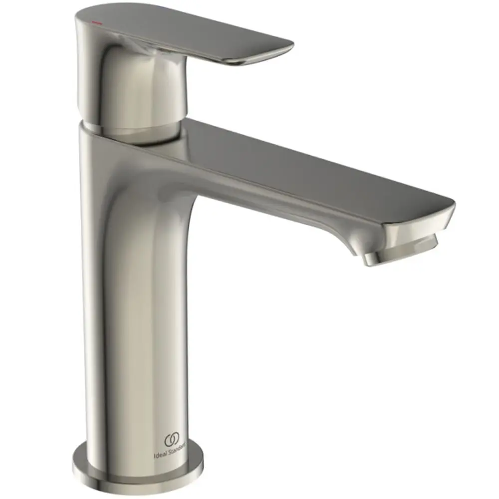 Ein silberner Wasserhahn von Ideal Standard mit einem flachen Hebel und schmalem Auslauf, geeignet für moderne Waschbecken.